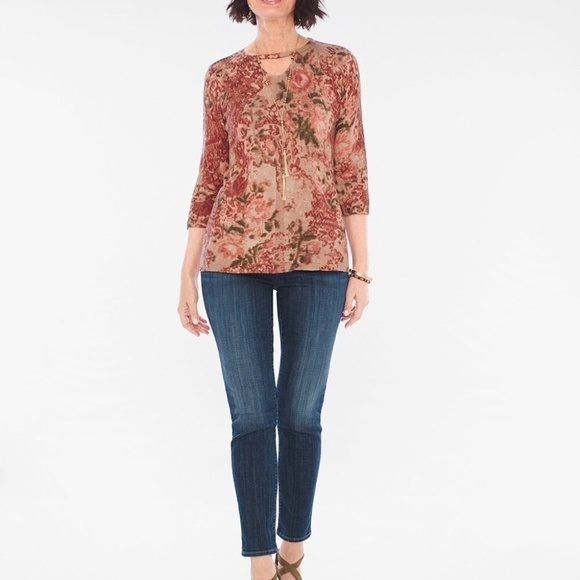 Chico’s rust brown floral sweater keyhole neck pullover sz 8/10 (Chico's 1) - Picture 2 of 12